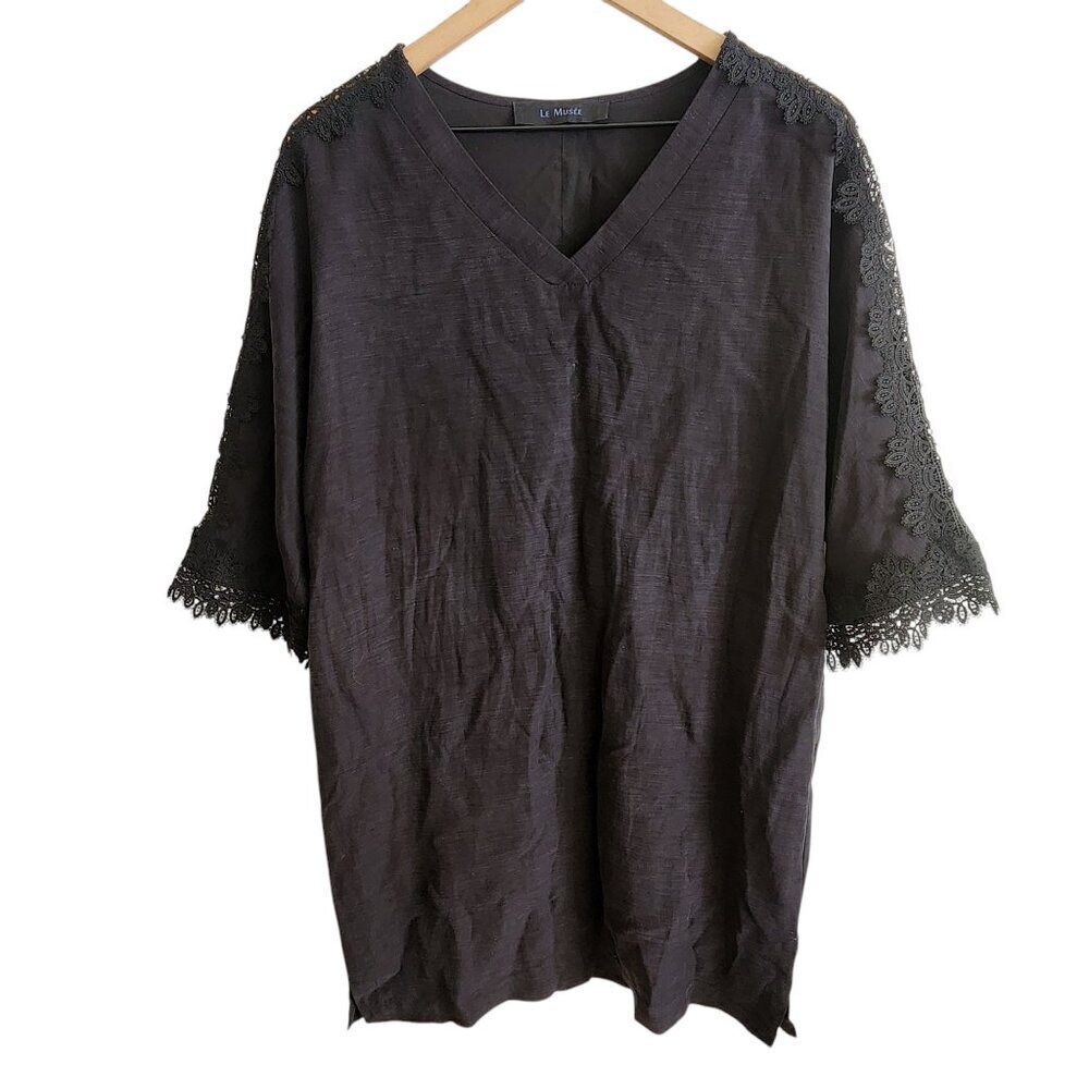 Le Musee Ornate Lace Black 100% Linen Lined V-neck Shift Dress Sz. M